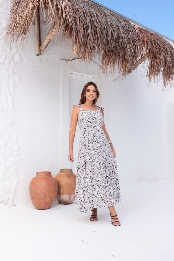 Vestido midi floral inverno com alças de amarrar e lastex nas costas - Imagem 2