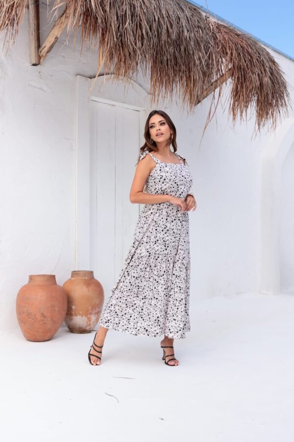 Vestido midi floral inverno com alças de amarrar e lastex nas costas - Imagem 4