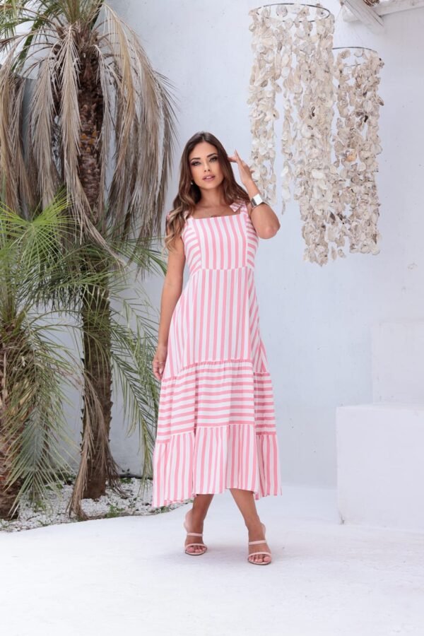 Vestido midi listras grossas com alças de amarrar e lastex nas costas - Image 2